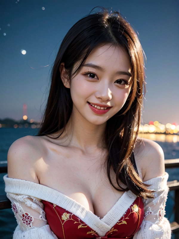 00167-1073578987-Wearing a cheongsam, off the shoulder, long haired and smiling beauty, at night, by the sea, starry sky, with delicate facial fe.png