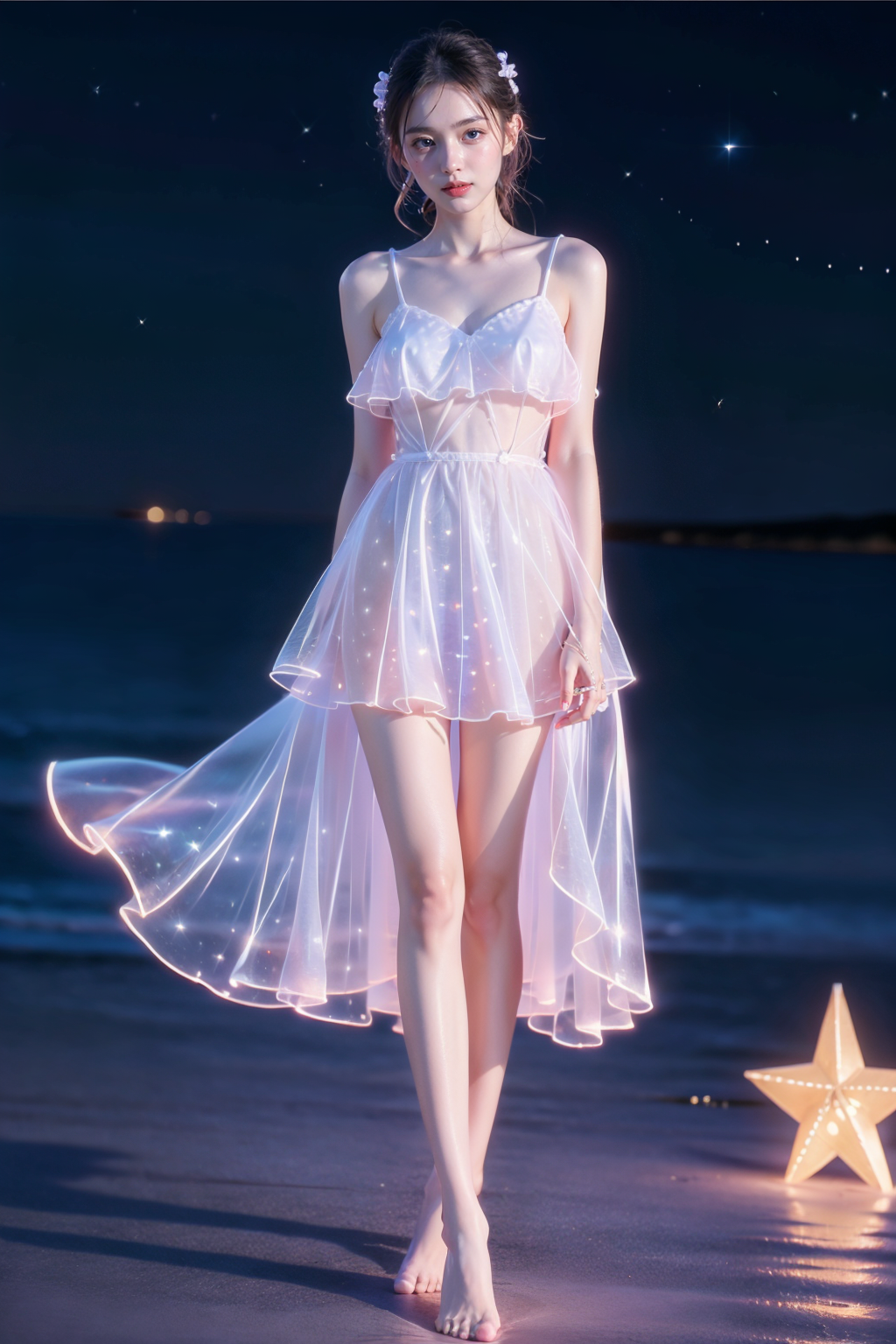 03674-2345475484-night,dark environment,,Outdoors,beach,1girl,(full body_1.3),(long legs_1.2),looking at viewer,standing,bare feet,Milky Way, sta.png